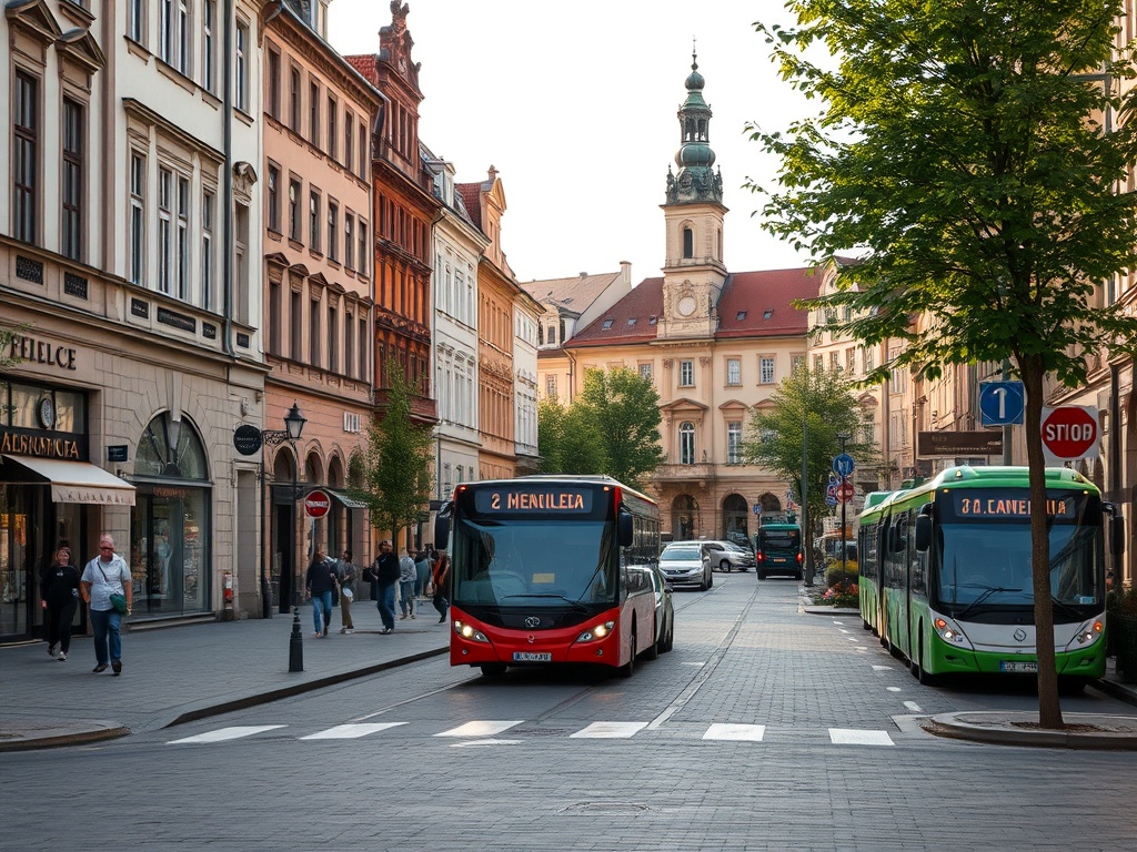 Mapa drogowa Kielc z zaznaczoną trasą S74, autobusem komunikacji miejskiej i elementami wiejskiego krajobrazu