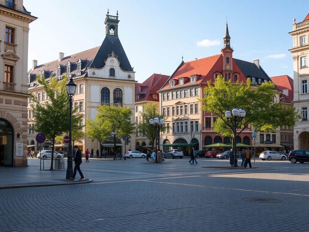 Uczestnicy Marszu Katyńskiego w Kielcach na tle miasta oraz drogowcy pracujący przy remoncie nawierzchni ulicy w Kielcach