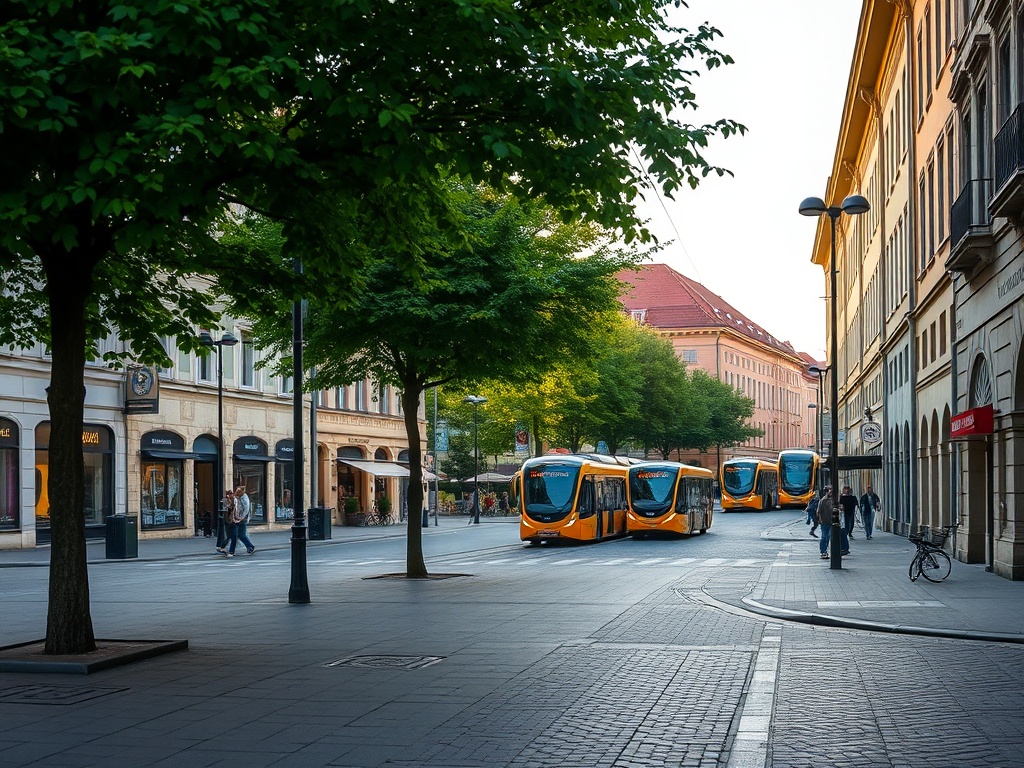Ilustracja przedstawiająca nowoczesny autobus elektryczny na tle panoramy Kielc, symbolizująca rozwój miasta w zakresie transportu i infrastruktury.